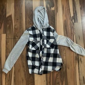 black and white flannel with grey hood and sleeves